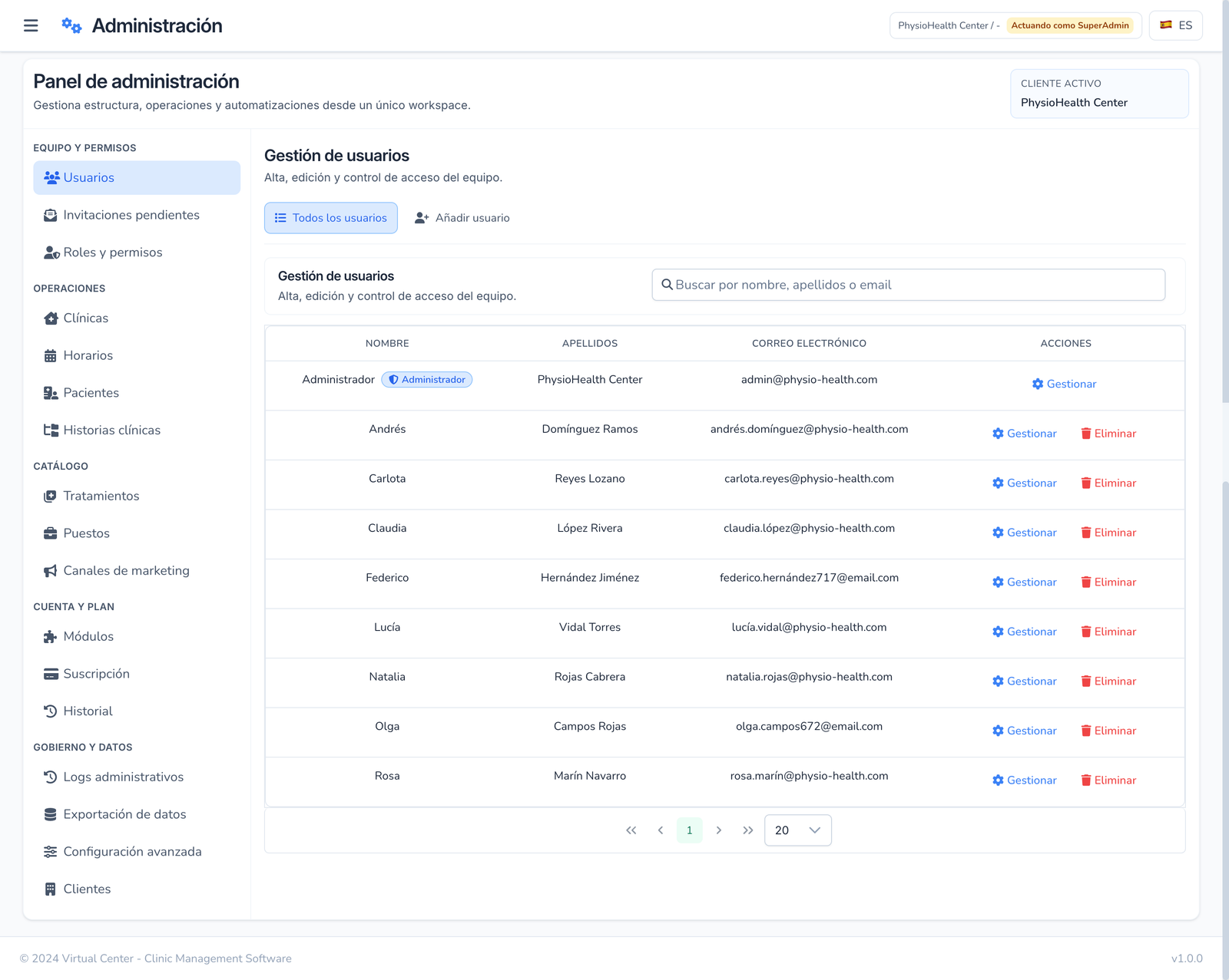 Administration panel screenshot with users, locations, and modules