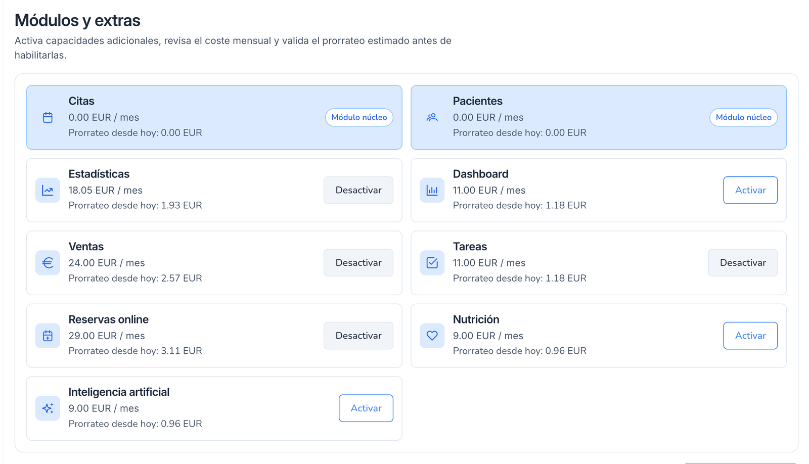 Subscription, modules, and pricing control module screenshot