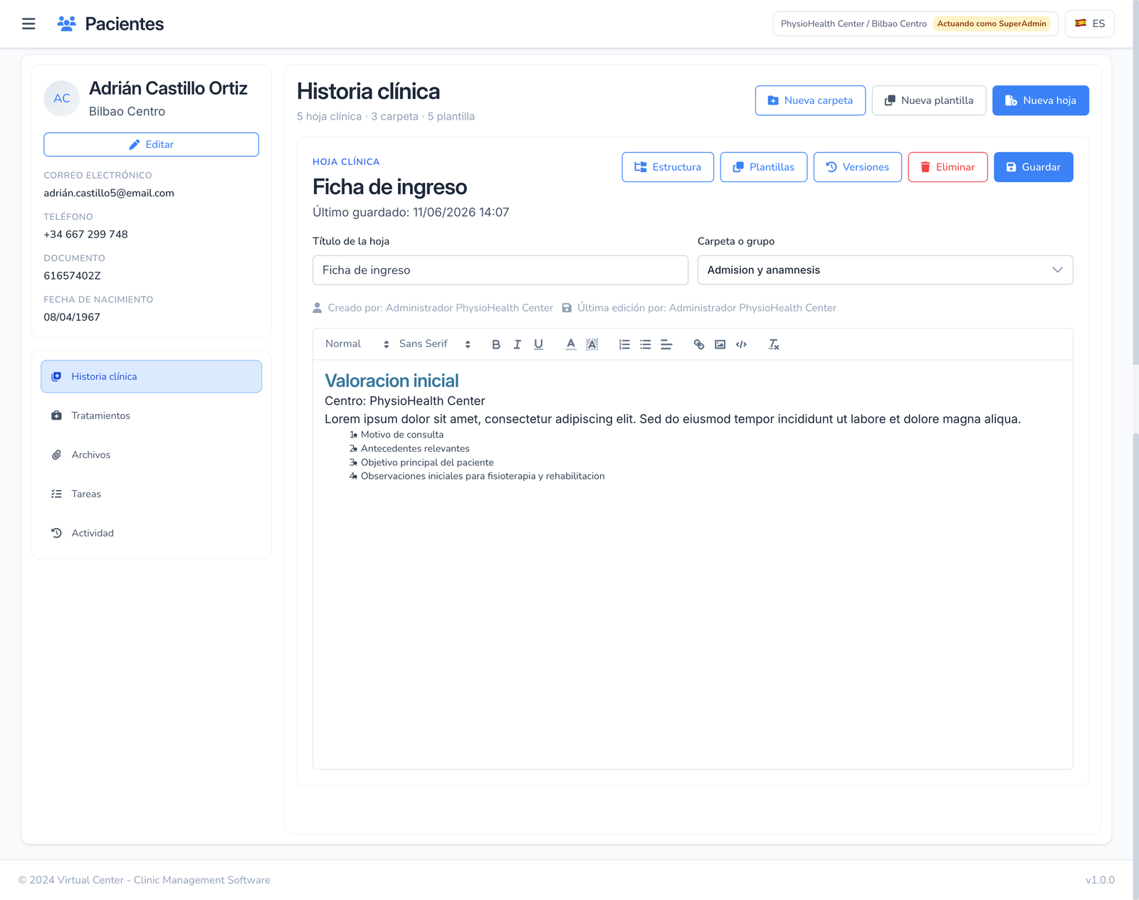 Patient record screenshot with history and treatments