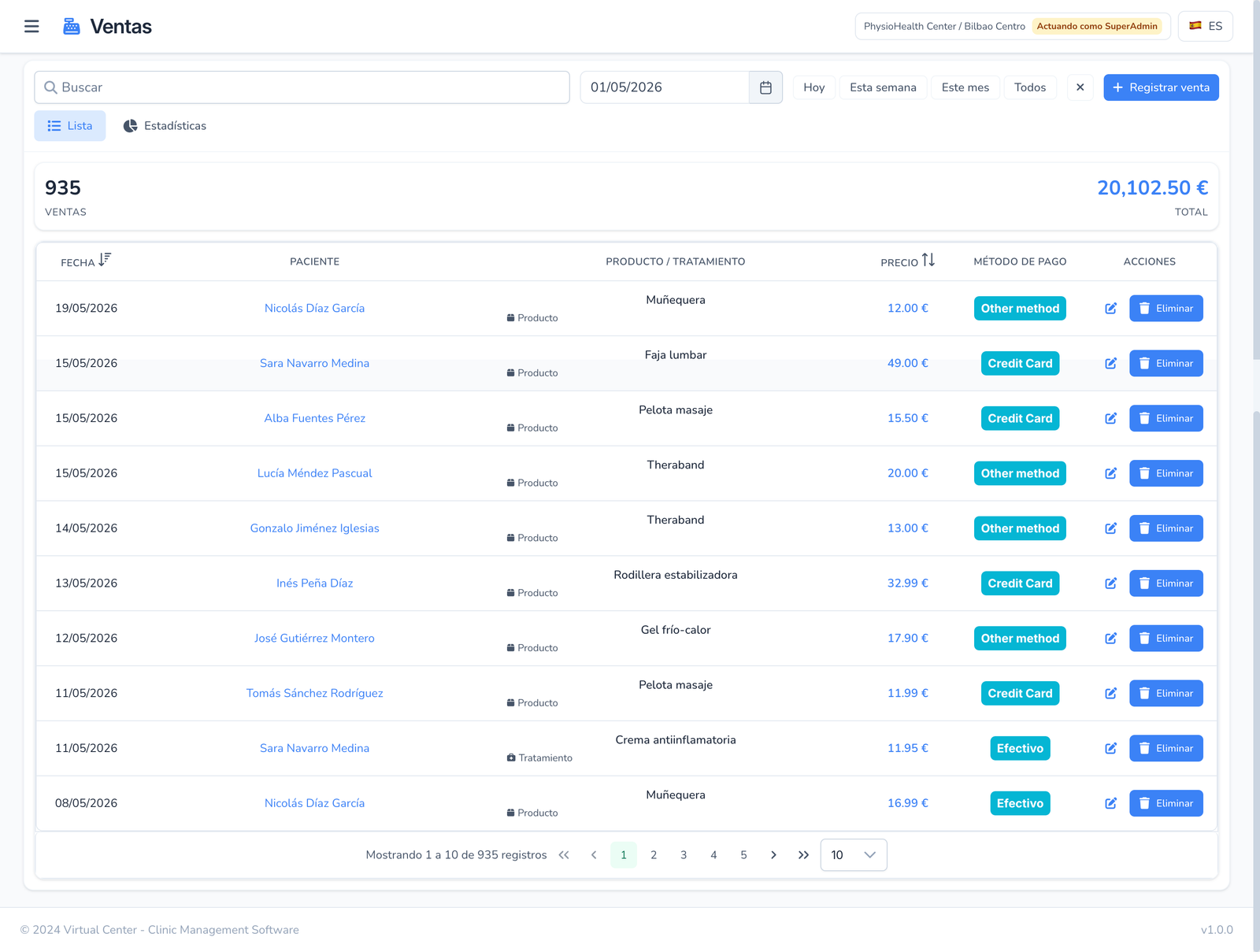 Captura del módulo de ventas con productos y pagos